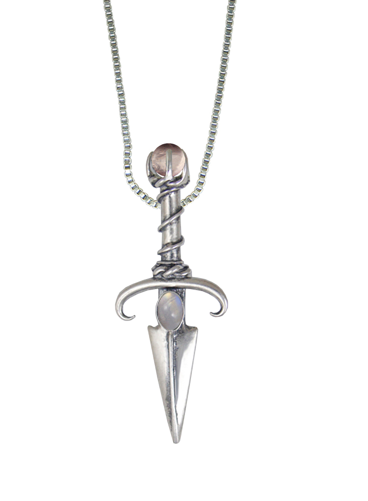 Sterling Silver Black Prince's Knife Dagger Pendant With Rainbow Moonstone And Rose Quartz